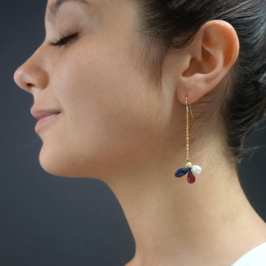 Faceted Ruby + Blue Sapphire + Pearl on gold chain earring