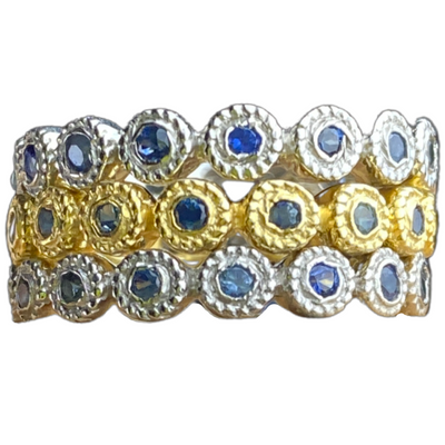 Stacking sapphire rings in silver + gold