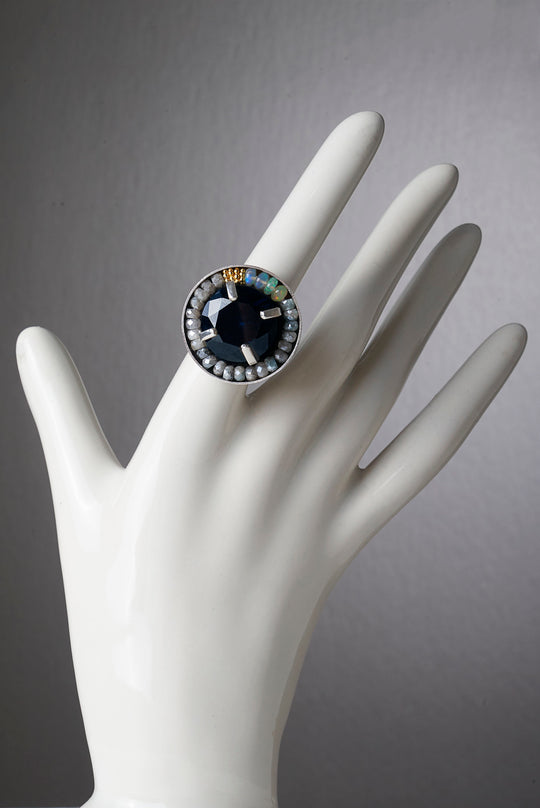 London Blue Topaz, Opals, and Gold mosaic ring