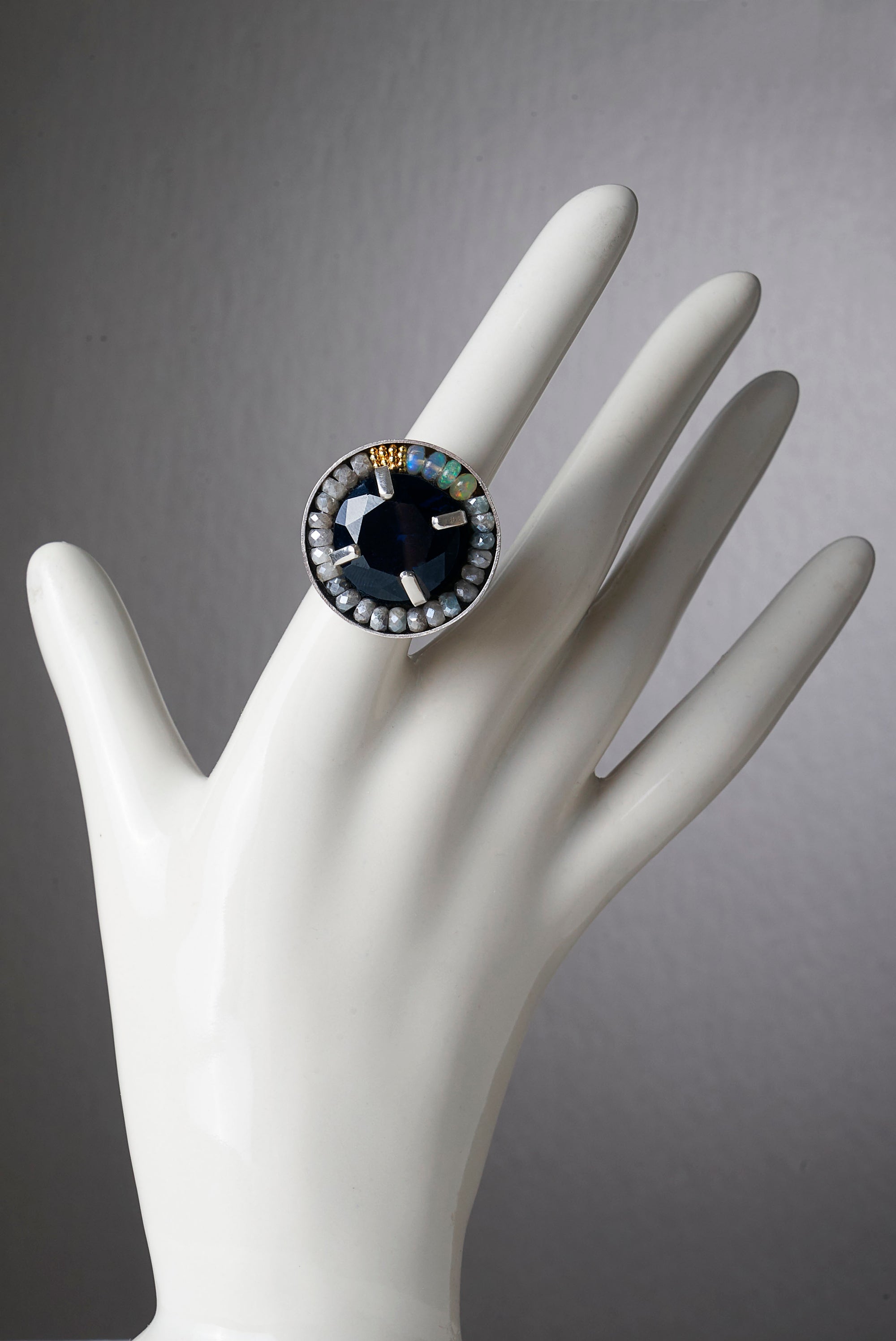 London Blue Topaz, Opals, and Gold mosaic ring