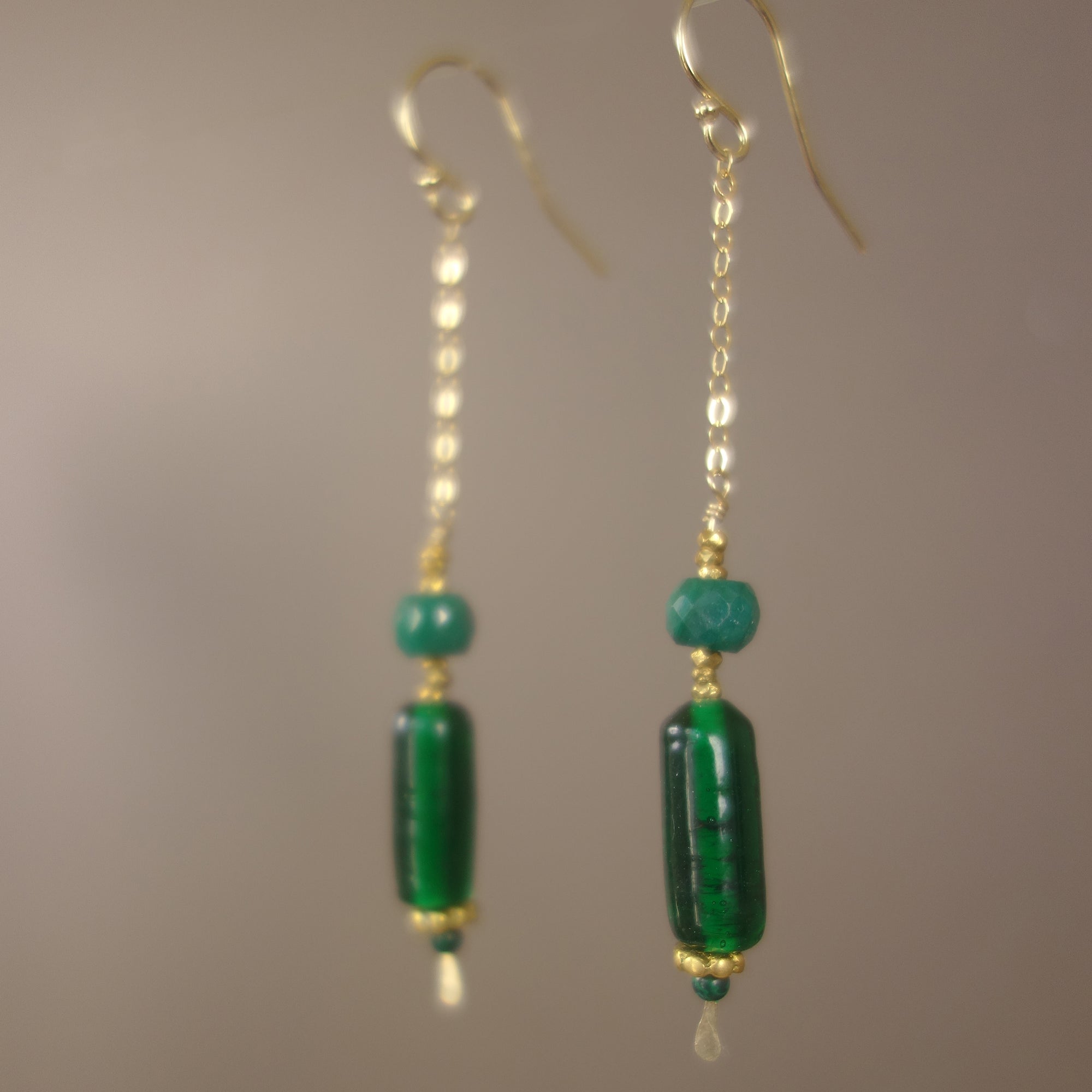 Spring has Sprung: faceted emerald, gold, Greek glass earring