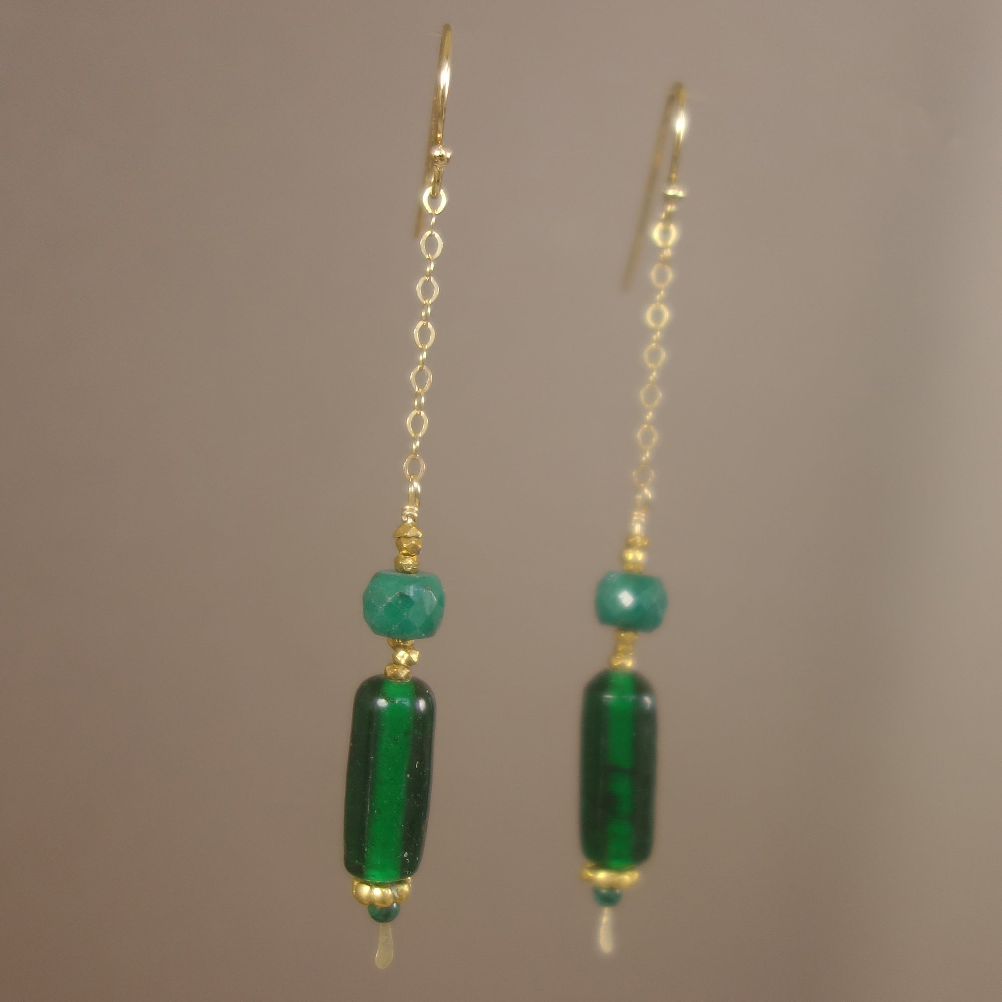 Spring has Sprung: faceted emerald, gold, Greek glass earring