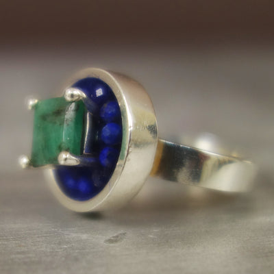 Here Comes the Sun: faceted emerald/lapis ring