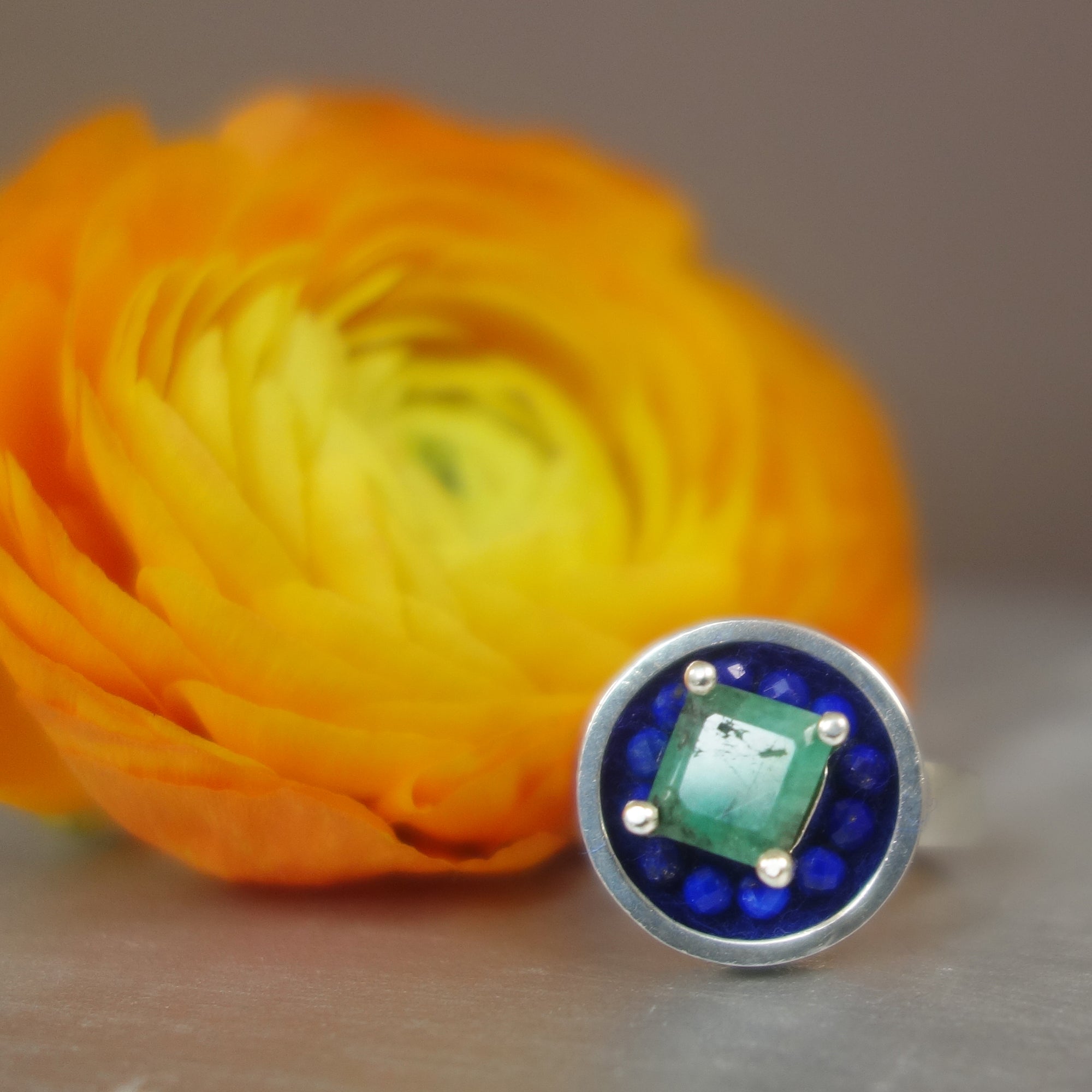 Here Comes the Sun: faceted emerald/lapis ring