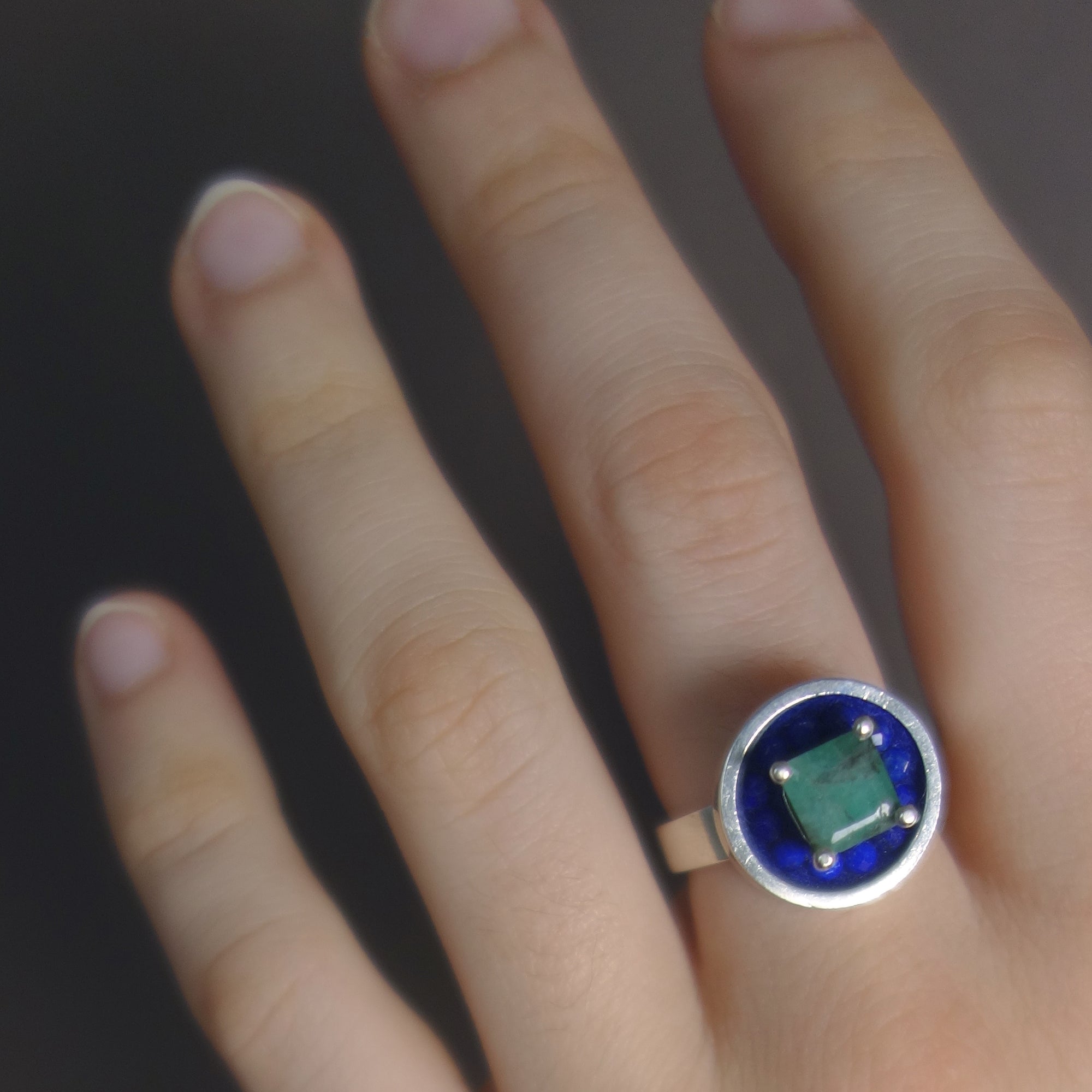 Here Comes the Sun: faceted emerald/lapis ring