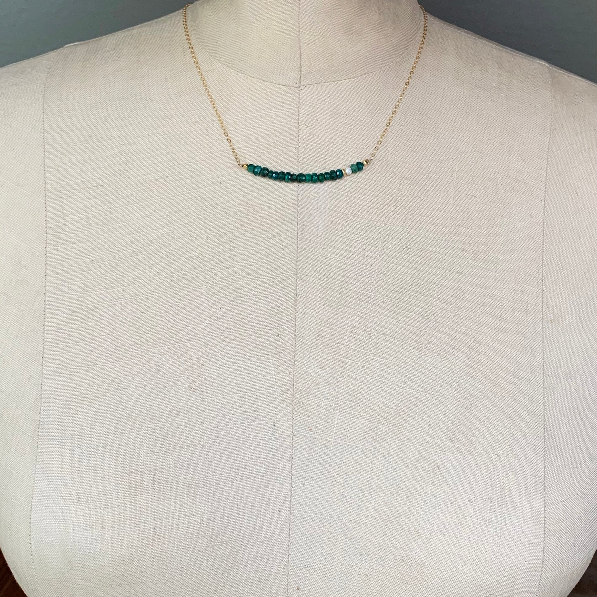 Faceted Emerald Bar Necklace on Gold chain