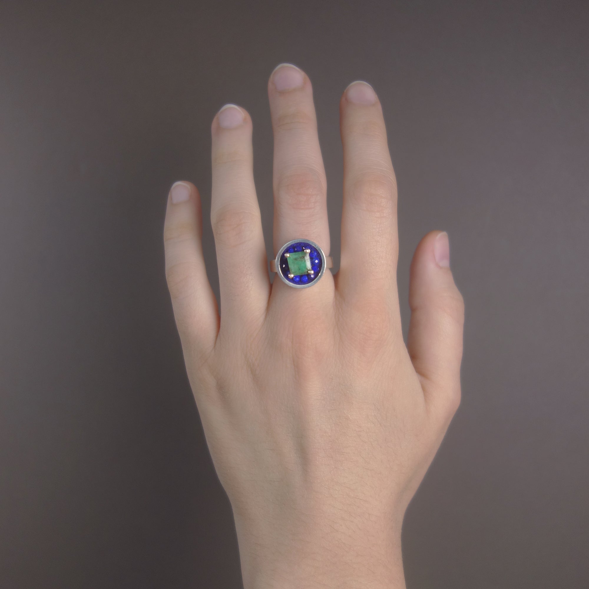 Here Comes the Sun: faceted emerald/lapis ring