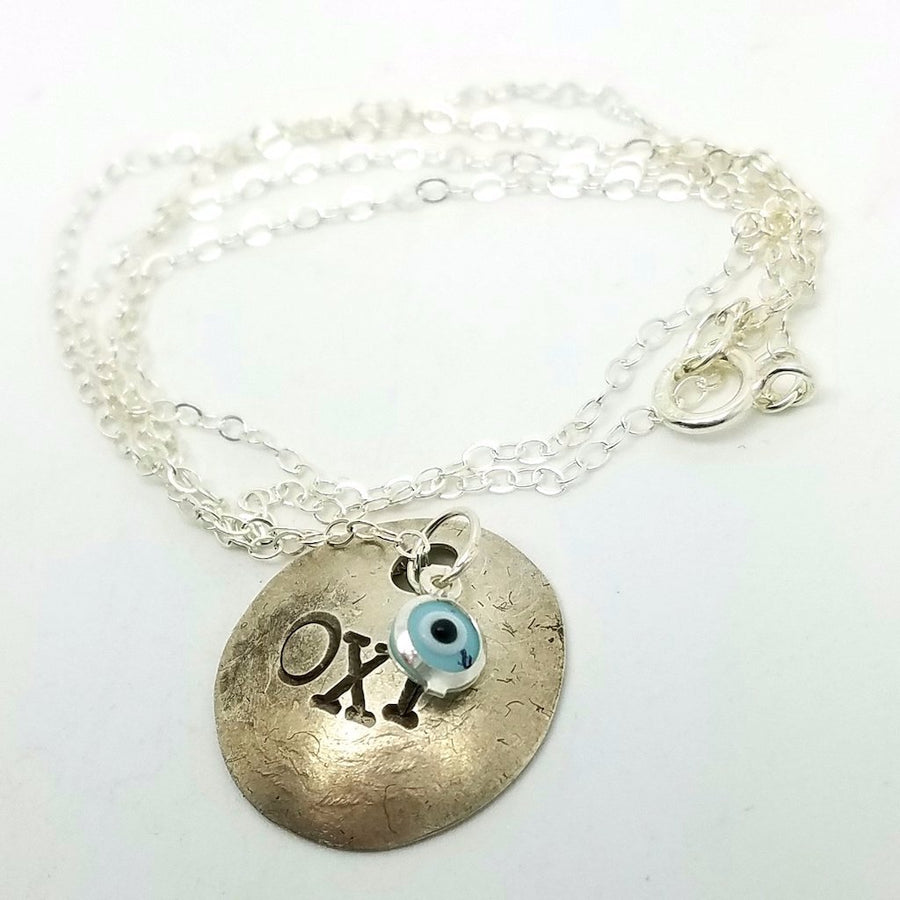 OXI Silver Necklace with Glass Mati from Greece, 17"