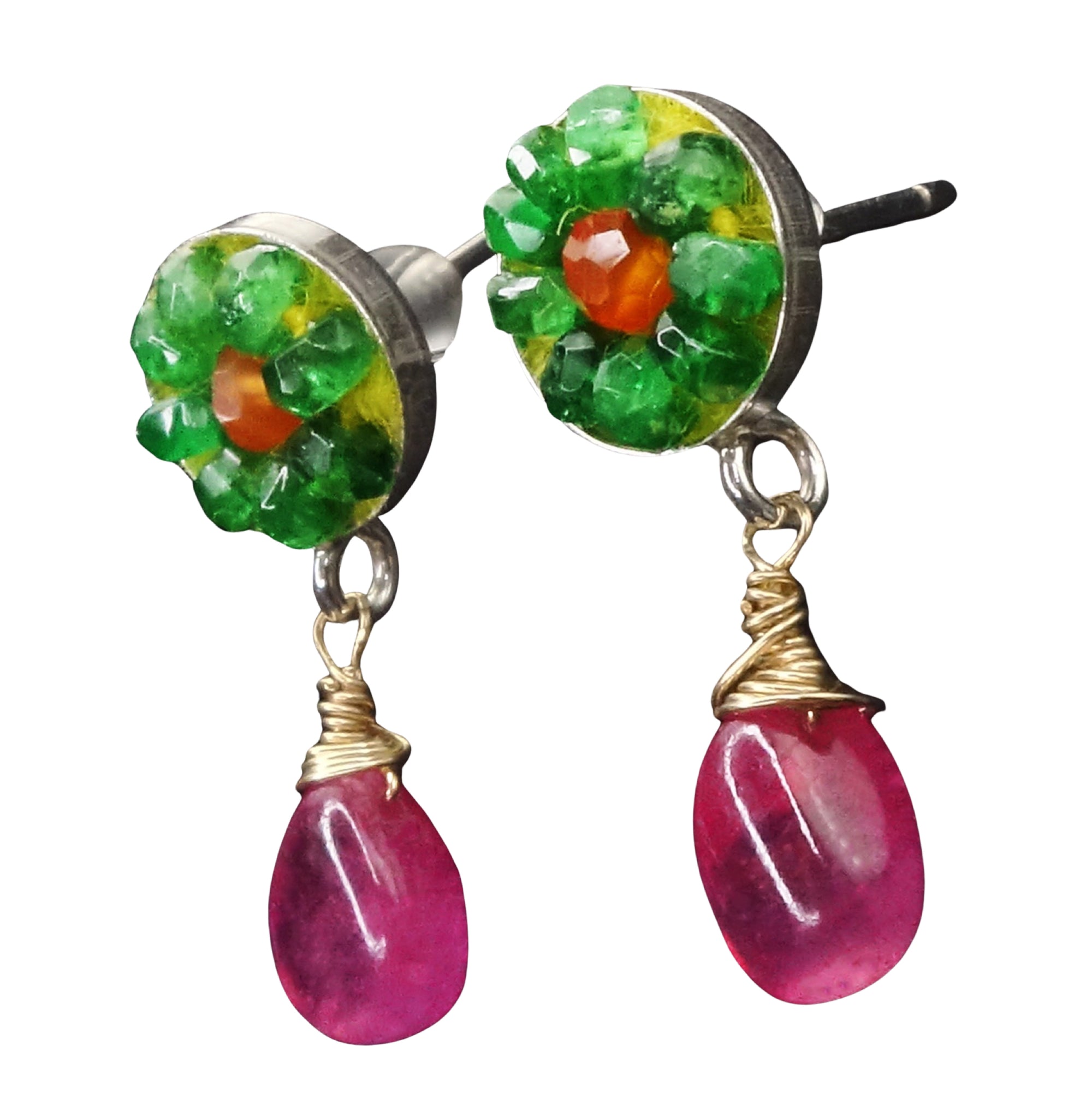 O What a Beautiful Morning: emerald, carnelian, and ruby mosaic earring
