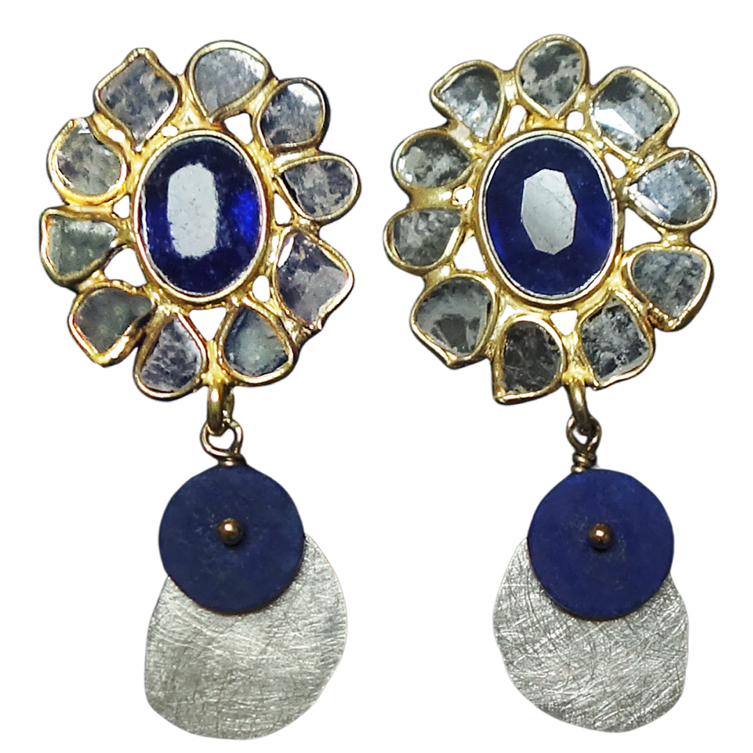 Sliced diamonds and blue sapphire earrings