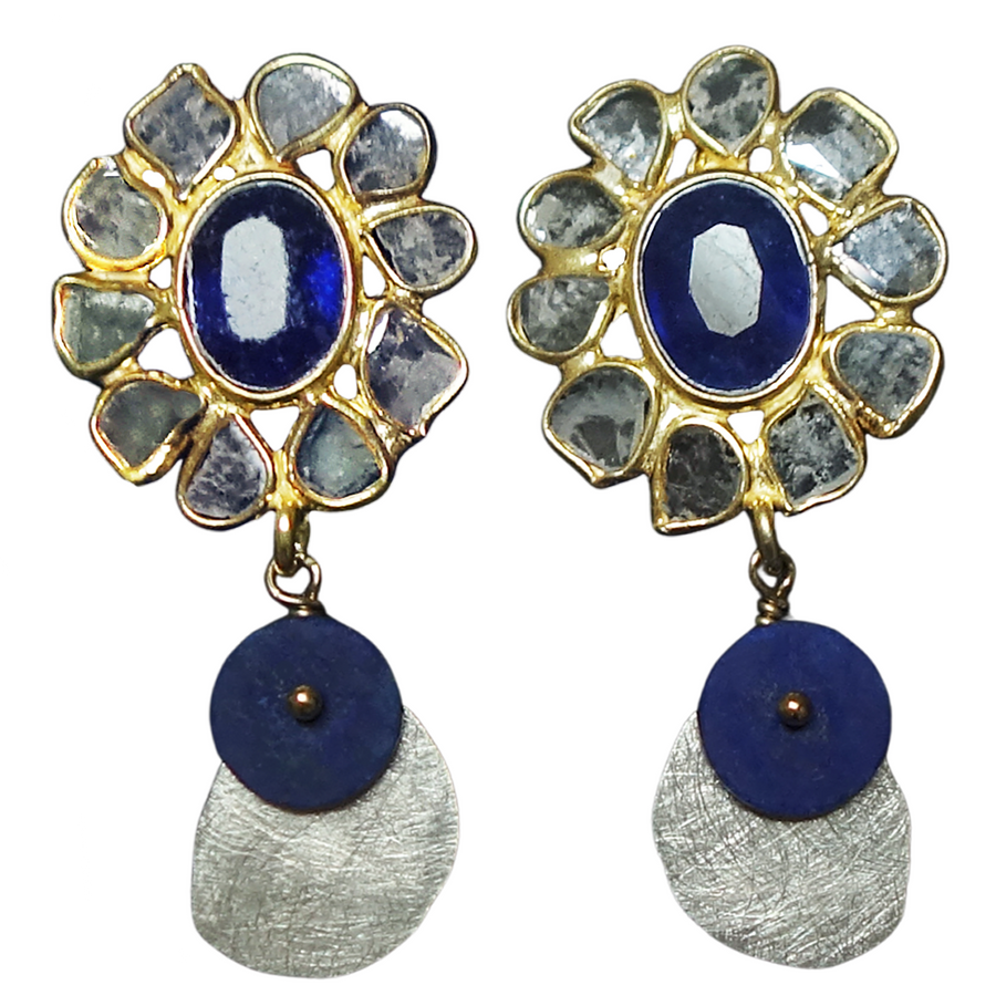 Sliced diamonds and blue sapphire earrings