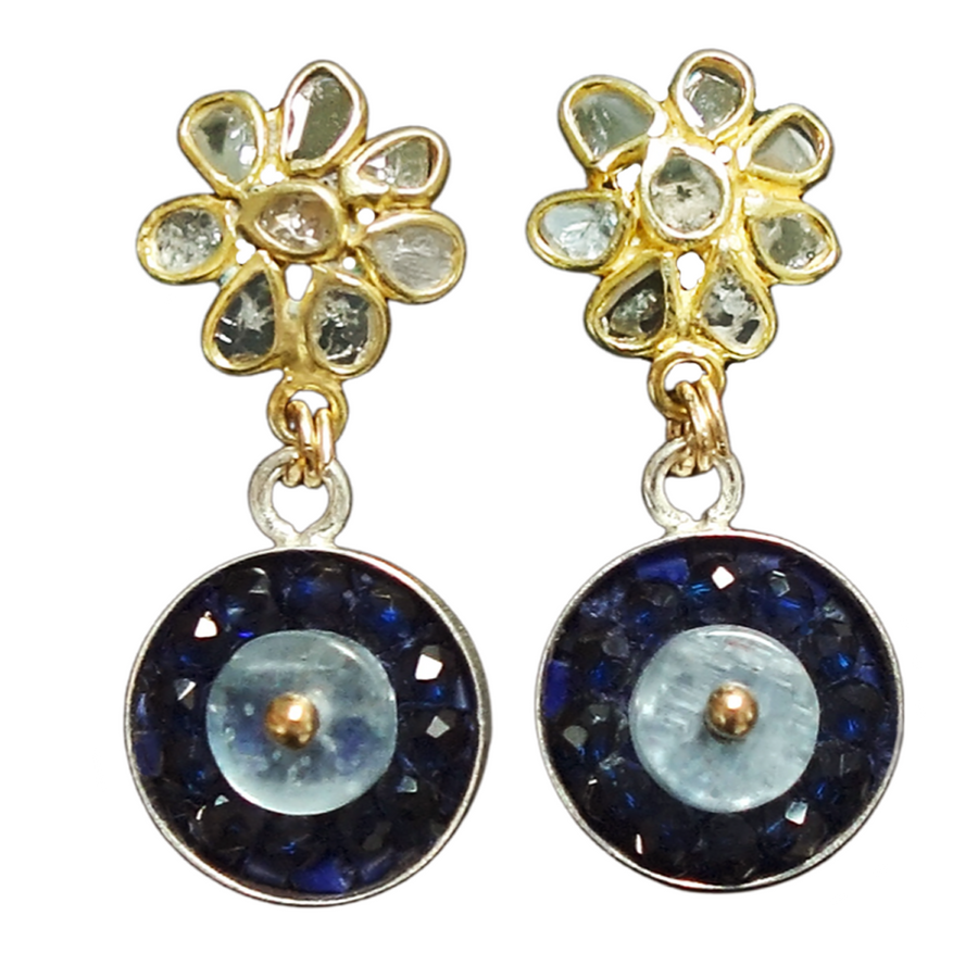 Diamond slice in gold + kyanite/sapphire mosaic earrings