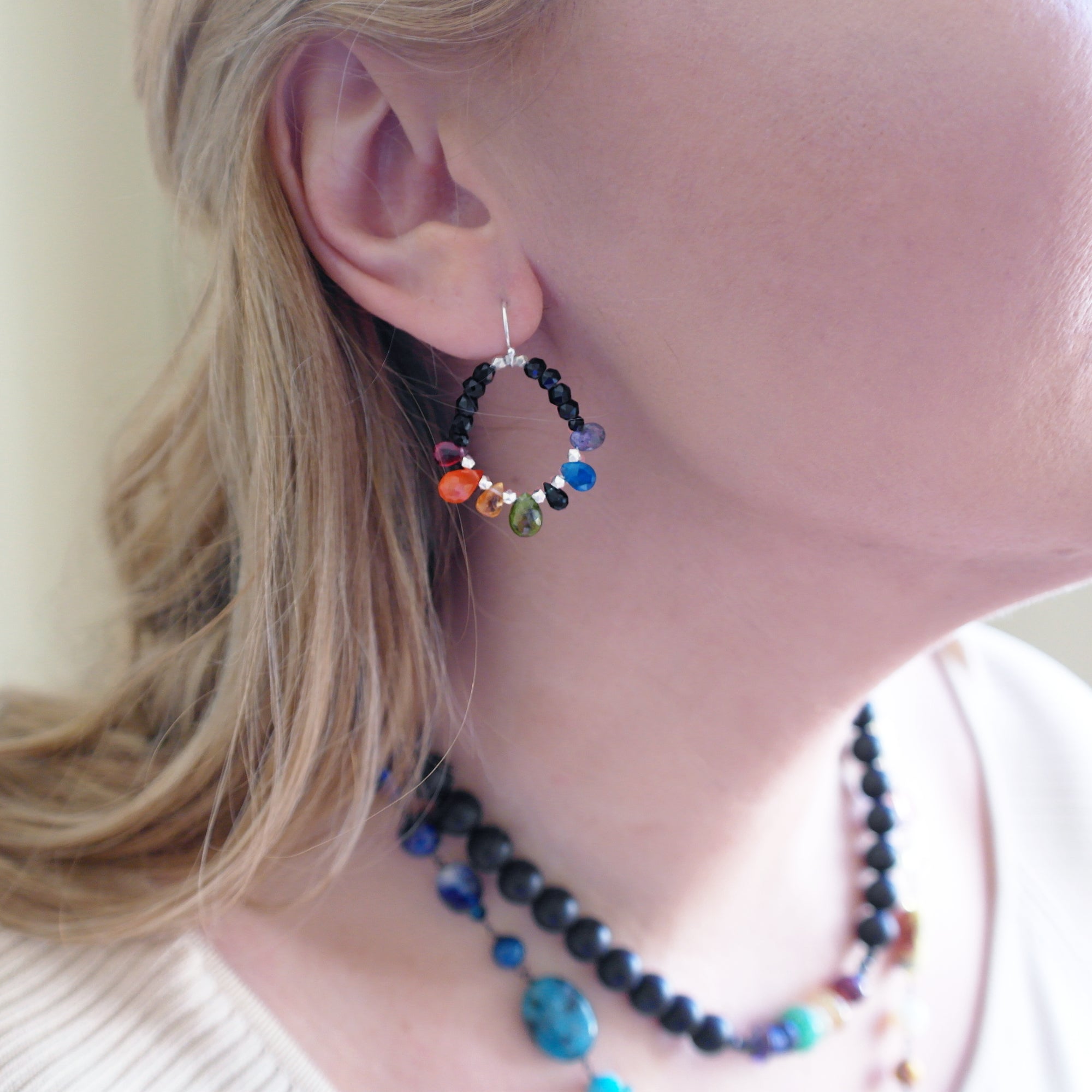 Ruby, emerald, sapphire + rainbow hoop earring