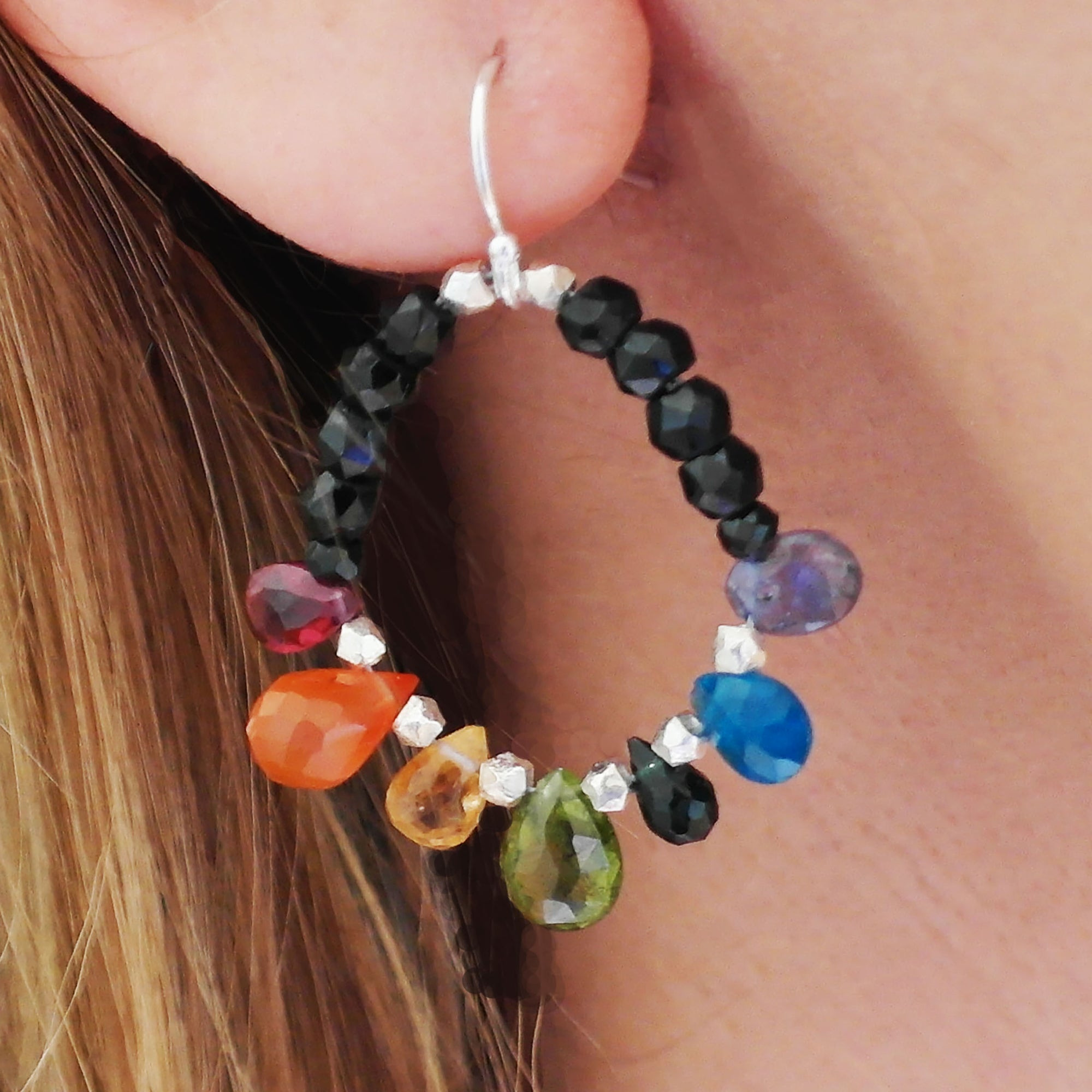 Ruby, emerald, sapphire + rainbow hoop earring