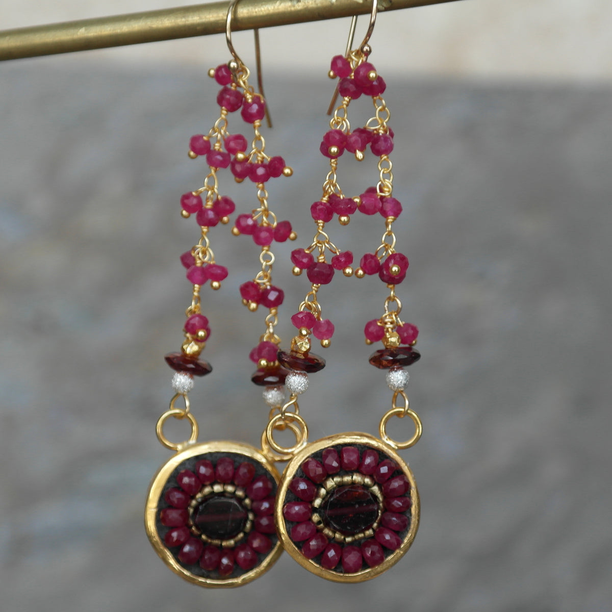 Who Needs Ruby Slippers (garnet and ruby mosaic earring)