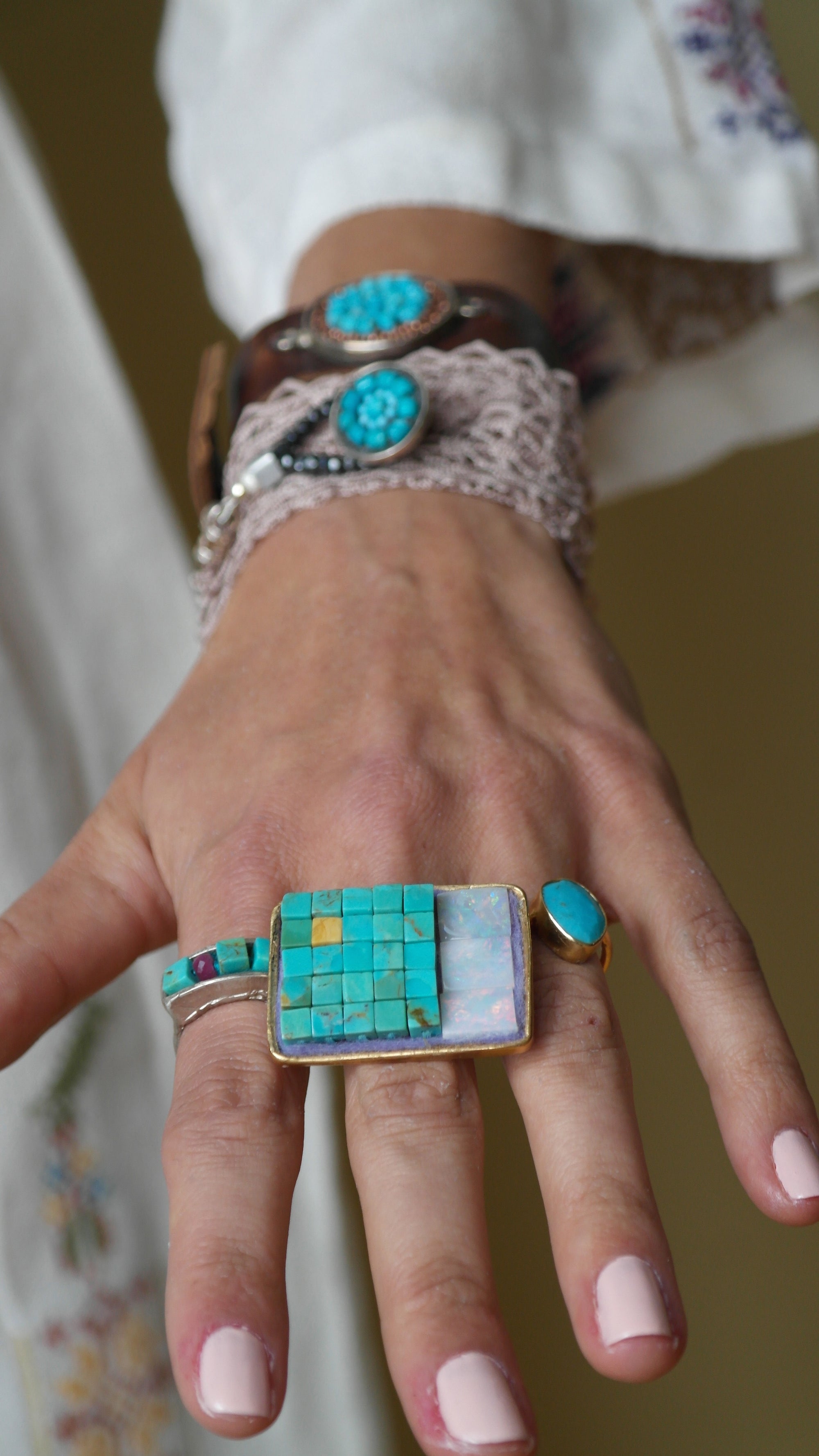 Stackable ring turquoise and ruby mosaic in silver