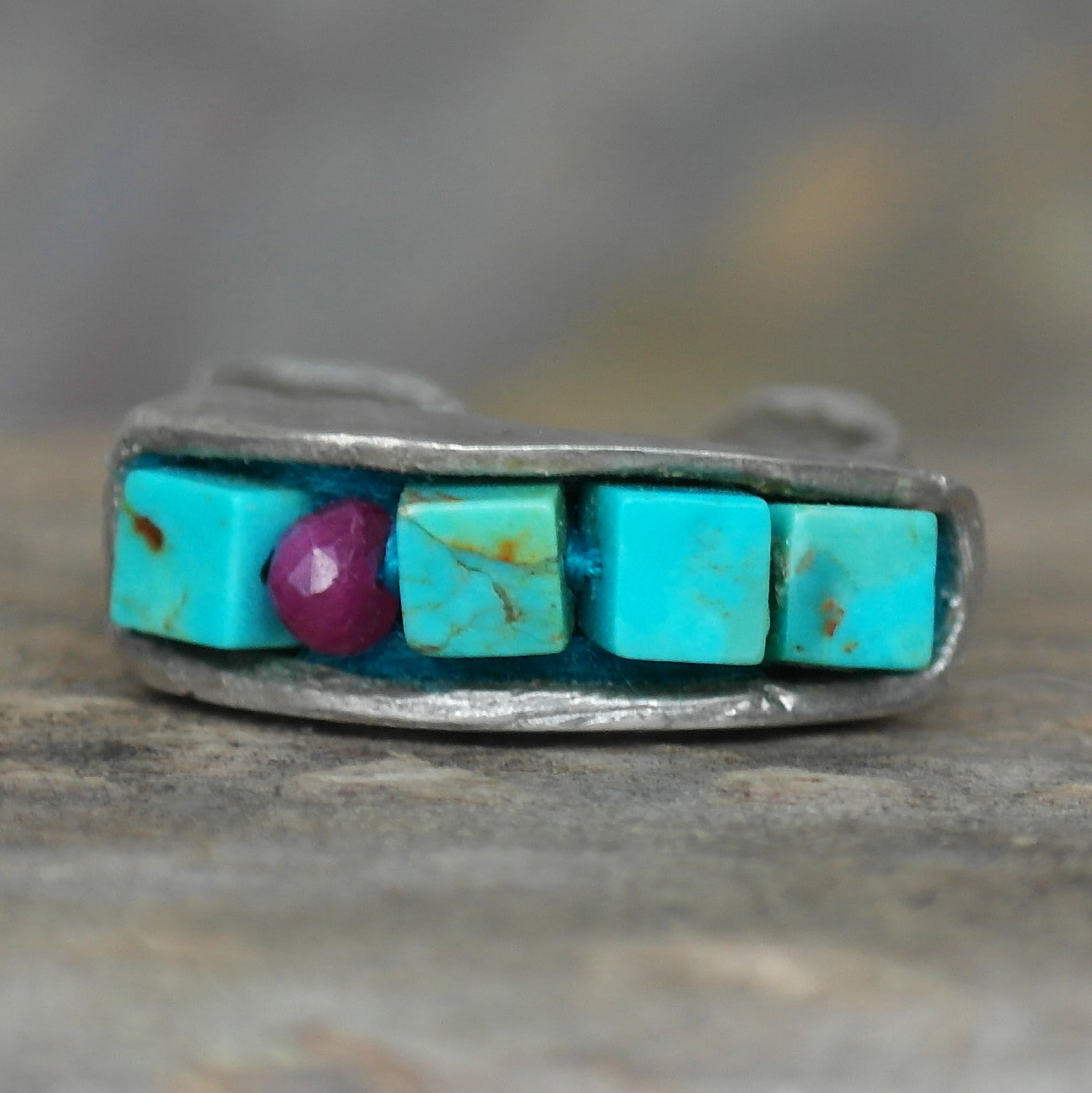 Stackable ring turquoise and ruby mosaic in silver