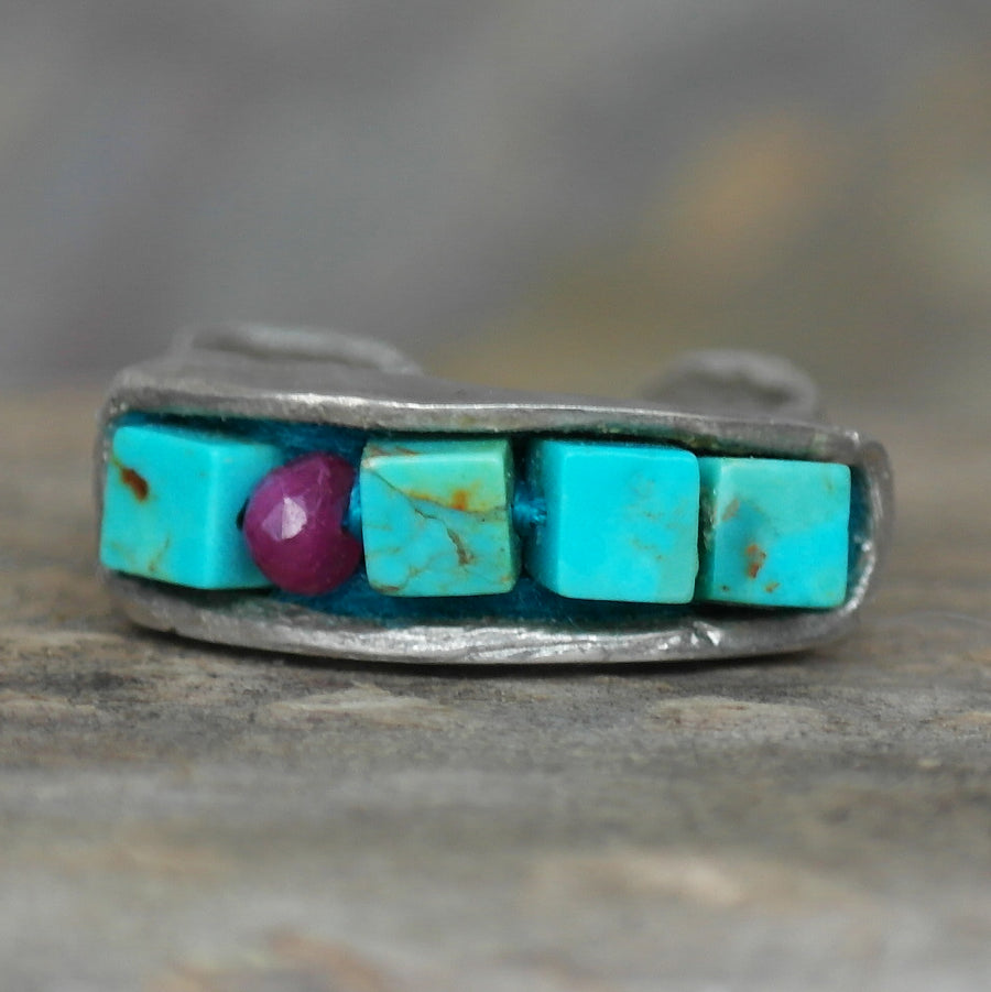 Stackable ring turquoise and ruby mosaic in silver