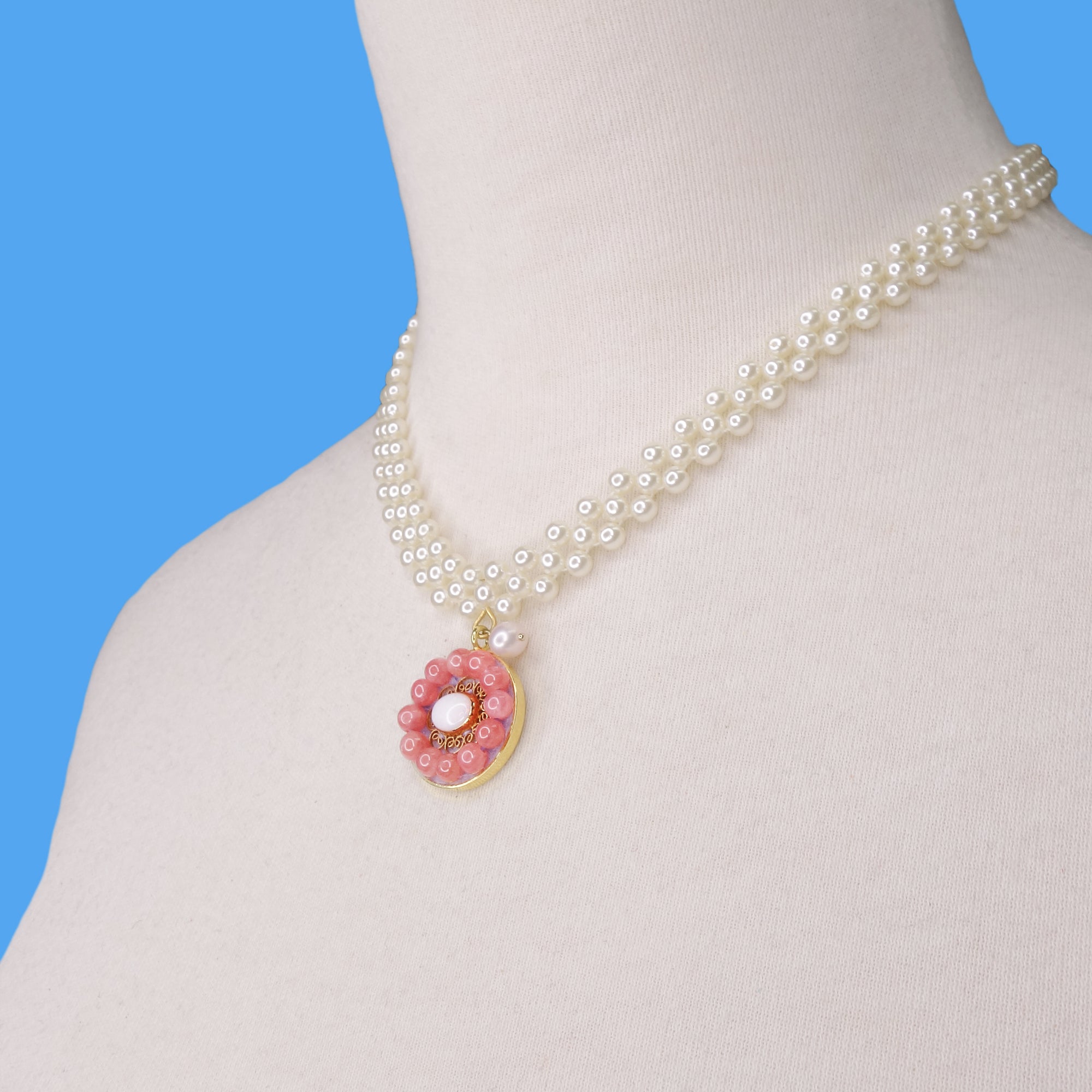 An Angel's Kiss: rainbow opal, pearl, and rhodochrosite mosaic necklace