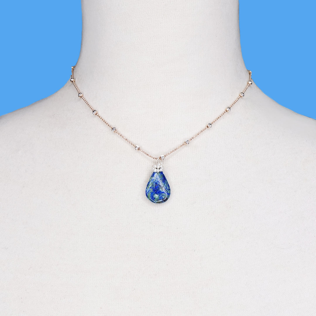 She Makes a Splash: azurite malachite, pearl, rose gold