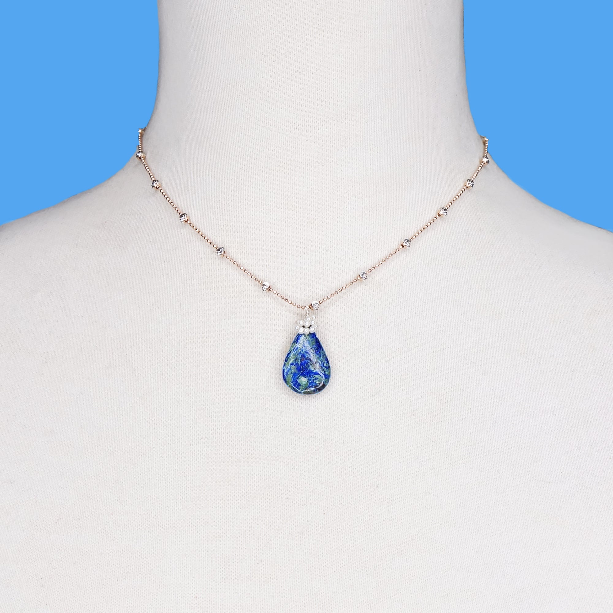 She Makes a Splash: azurite malachite, pearl, rose gold