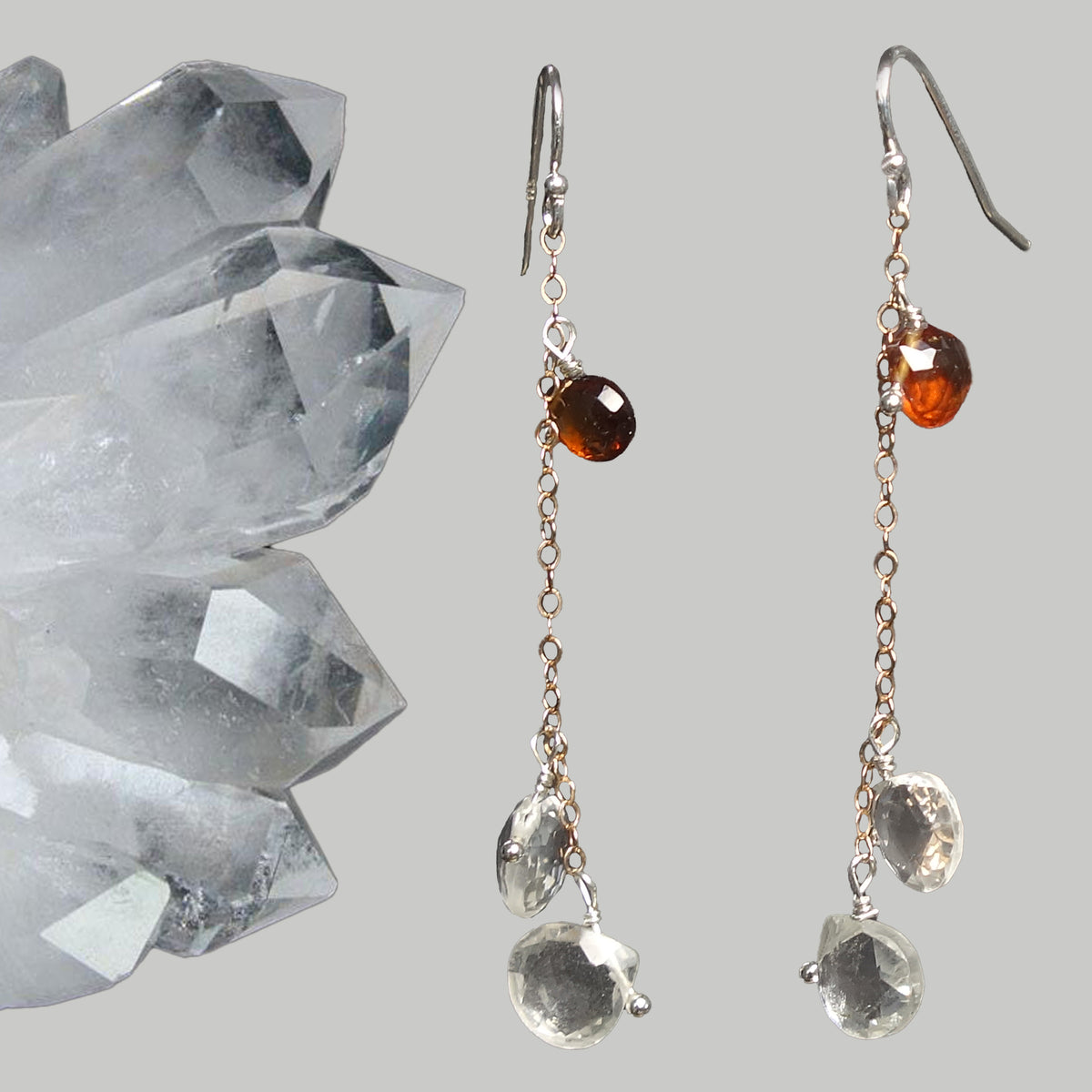 Clear Quartz, Rose Gold, and Hessonite Garnet earrings