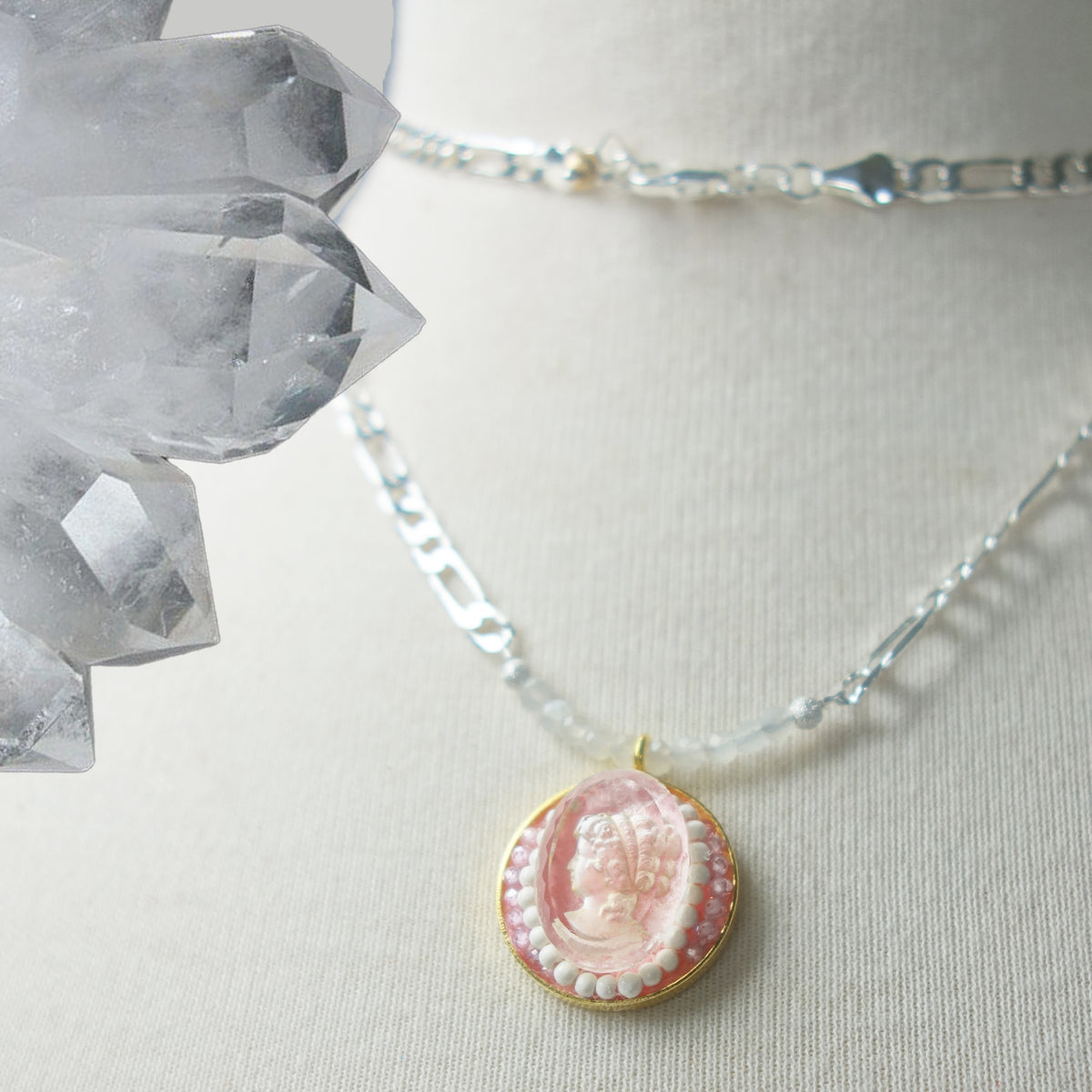 Rare Clear Quartz cameo and White Turquoise mosaic necklace