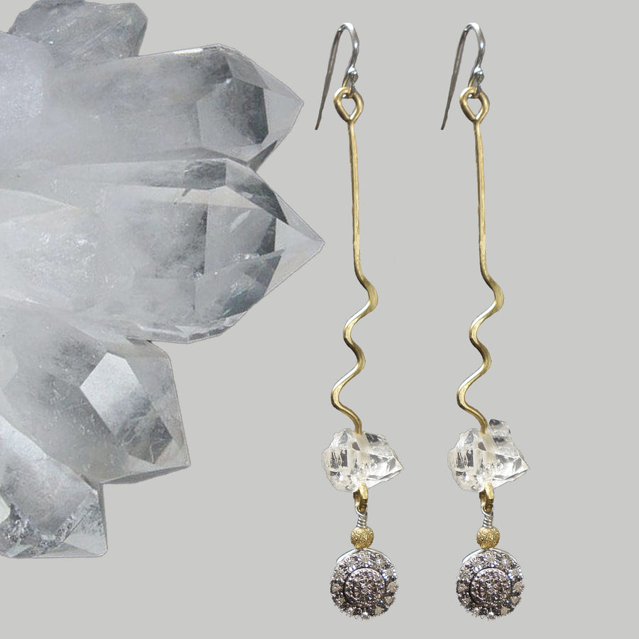 Diamond, hammered Gold, Clear Quartz earrings