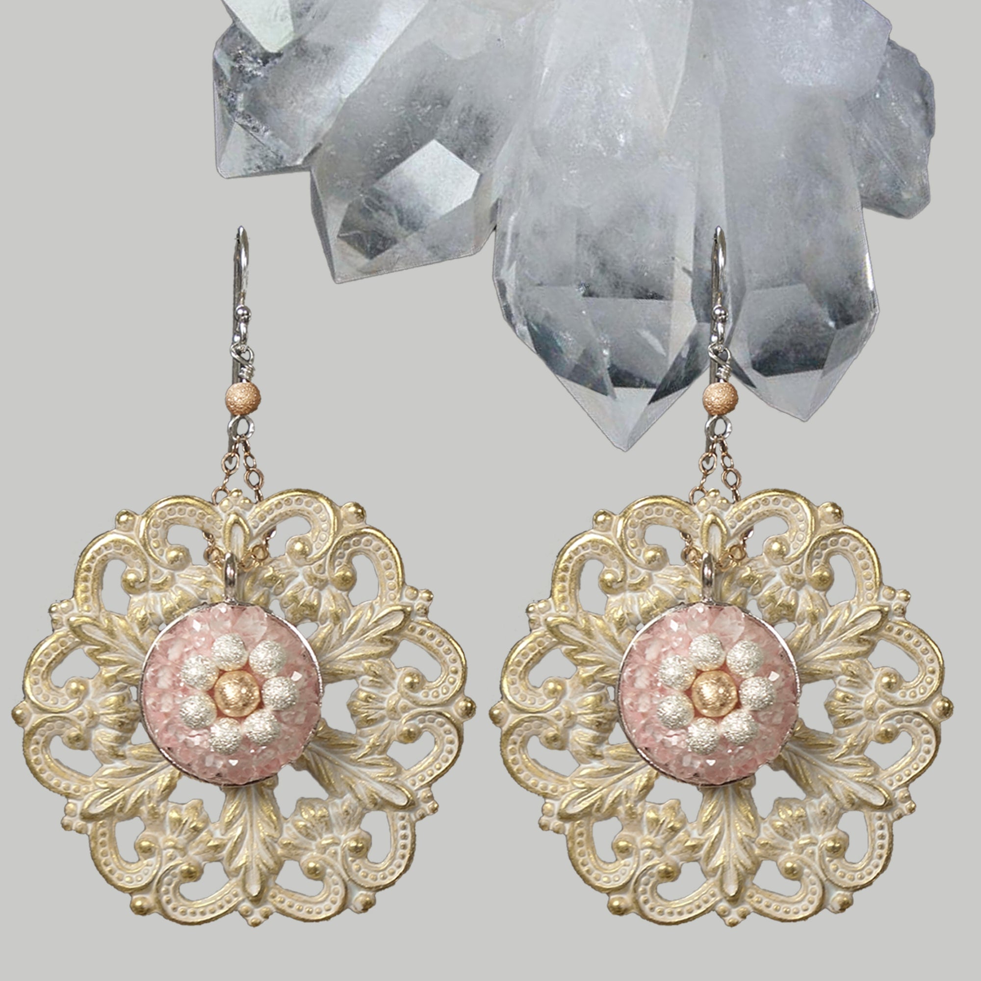 Clear Quartz and Rose Gold mosaic earrings