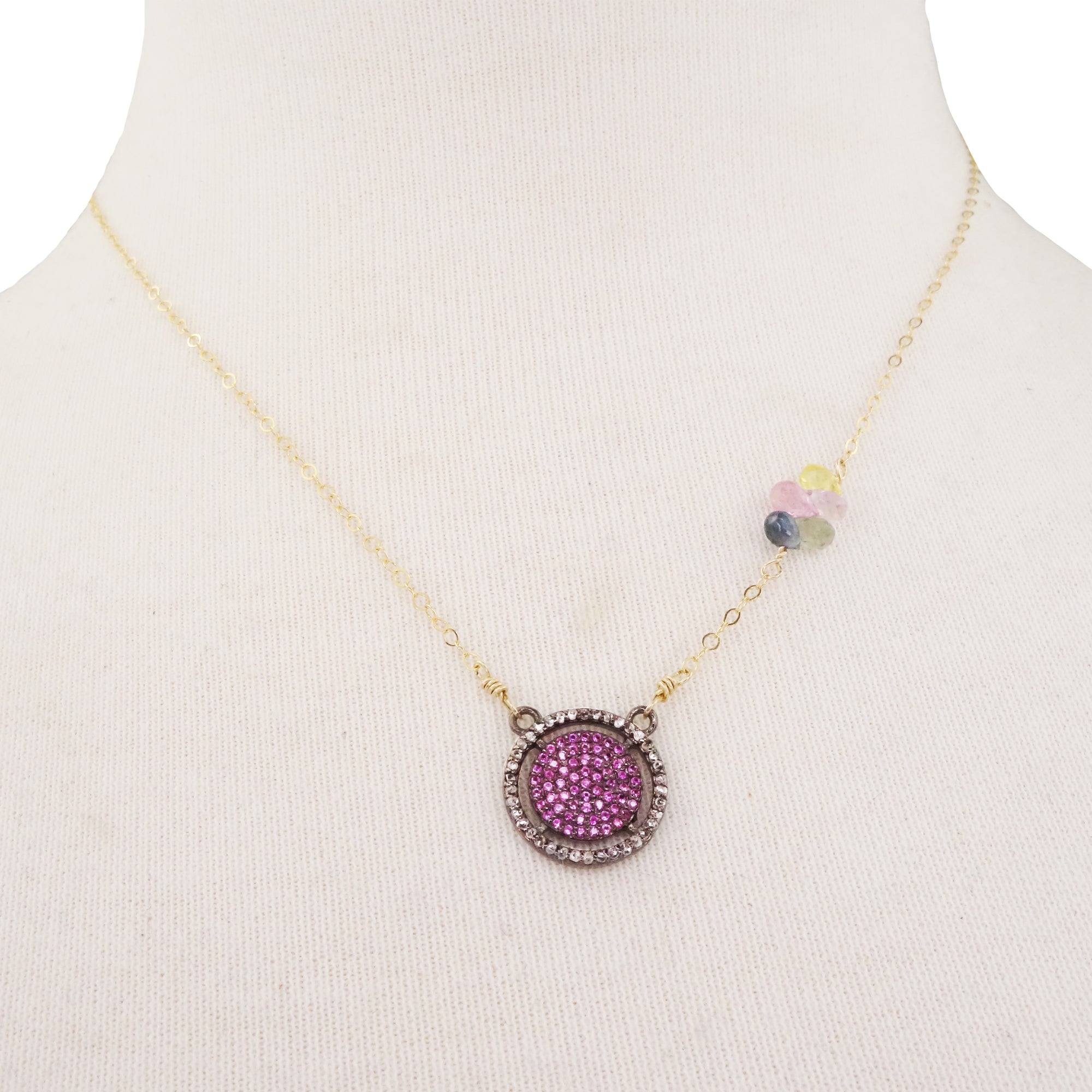 Honey Bee Rubies: ruby, diamond, rainbow sapphire necklace