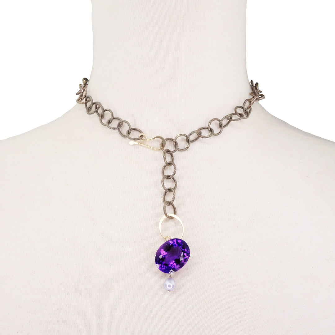 Aristocrat of the Blues: amethyst + pearl + hammered gold necklace