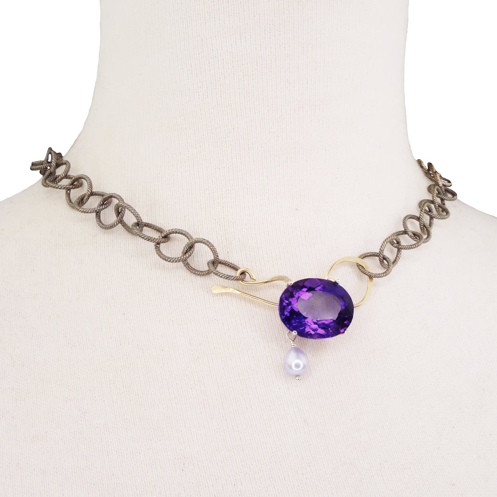 Aristocrat of the Blues: amethyst + pearl + hammered gold necklace