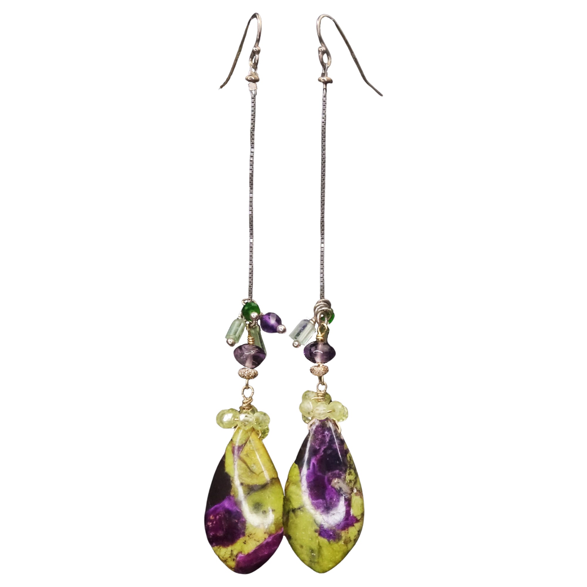 Colorbursting Darling: antlantisite, amethyst, tourmaline earring