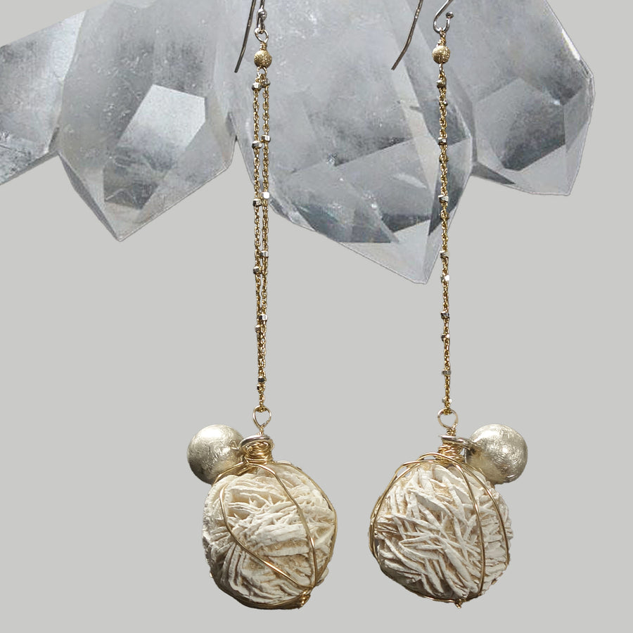 Natural Desert Selenite, gold and silver earrings