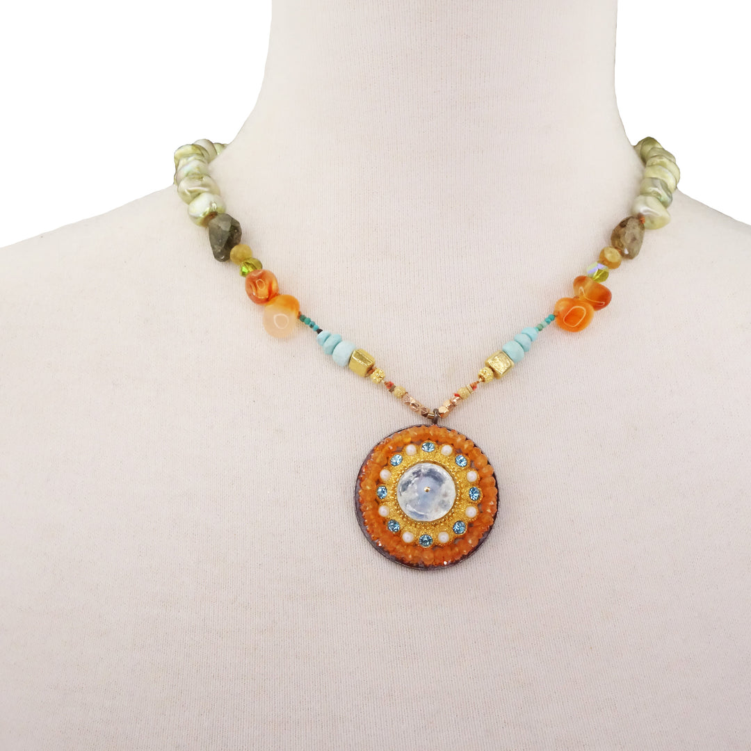 She is the Ringmaster: carnelian, pearl, and aquamarine mosaic necklace