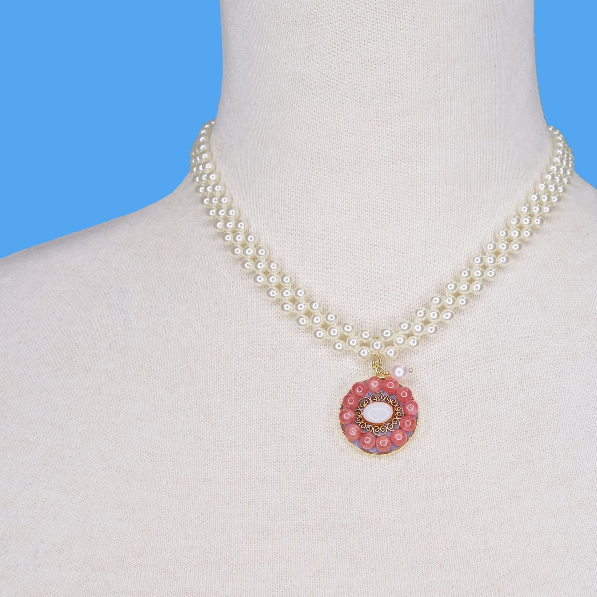 An Angel's Kiss: rainbow opal, pearl, and rhodochrosite mosaic necklace