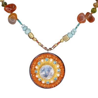 She is the Ringmaster: carnelian, pearl, and aquamarine mosaic necklace