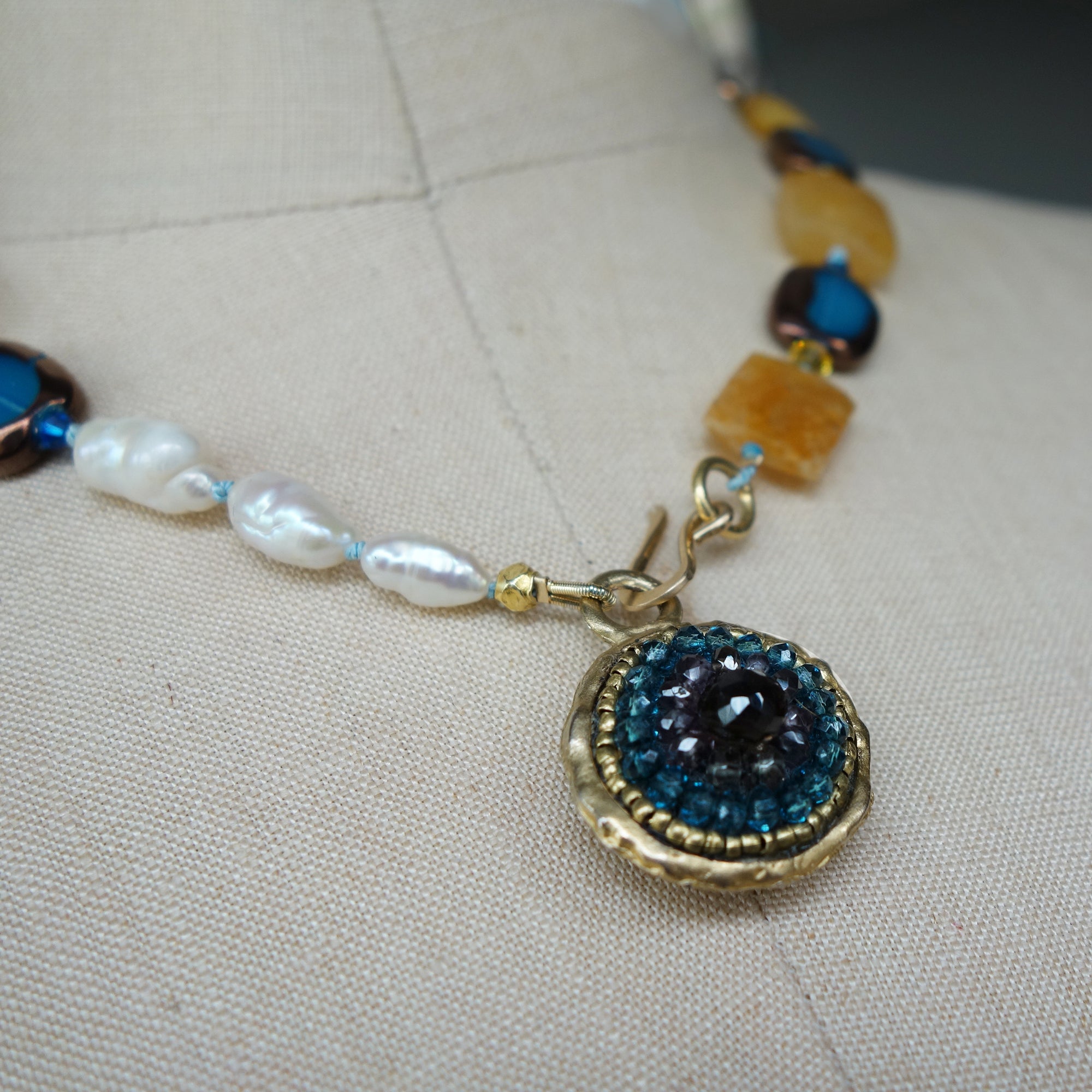 Sapphire, Pearl, and Jasper 2 Sided Mosaic Necklace (Wanderlust Paris)