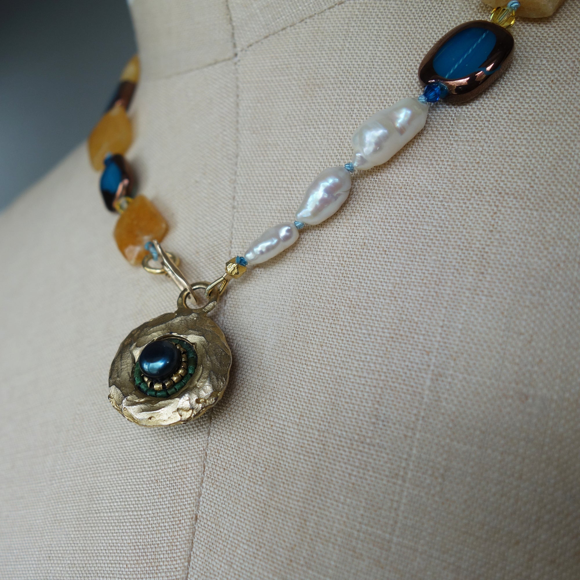 Sapphire, Pearl, and Jasper 2 Sided Mosaic Necklace (Wanderlust Paris)