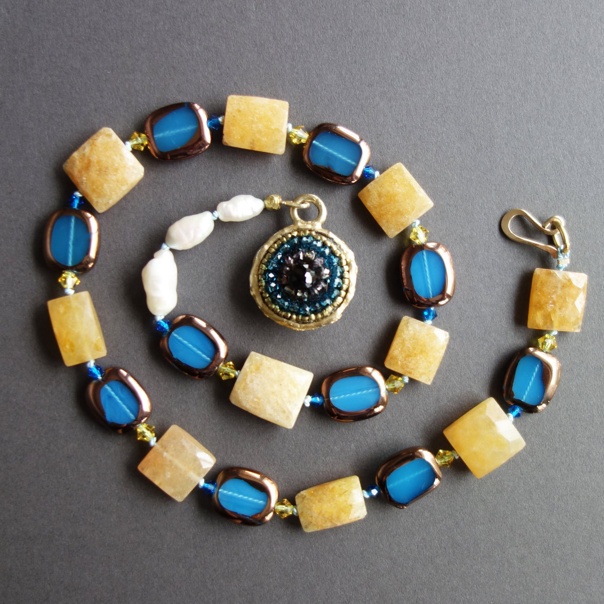 Sapphire, Pearl, and Jasper 2 Sided Mosaic Necklace (Wanderlust Paris)