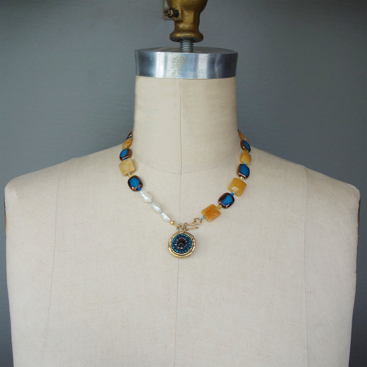 Sapphire, Pearl, and Jasper 2 Sided Mosaic Necklace (Wanderlust Paris)
