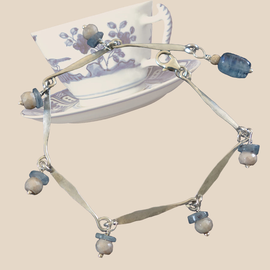 Hand hammered silver and kyanite bracelet