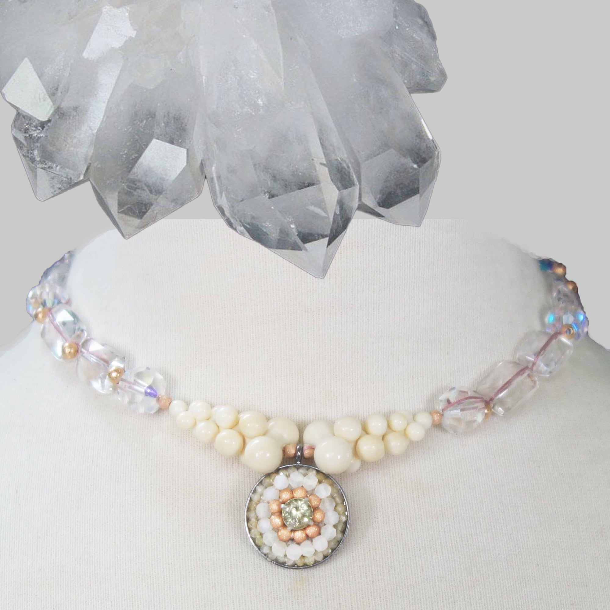 Canary Appetite, Clear Quartz, and Sapphire mosaic necklace