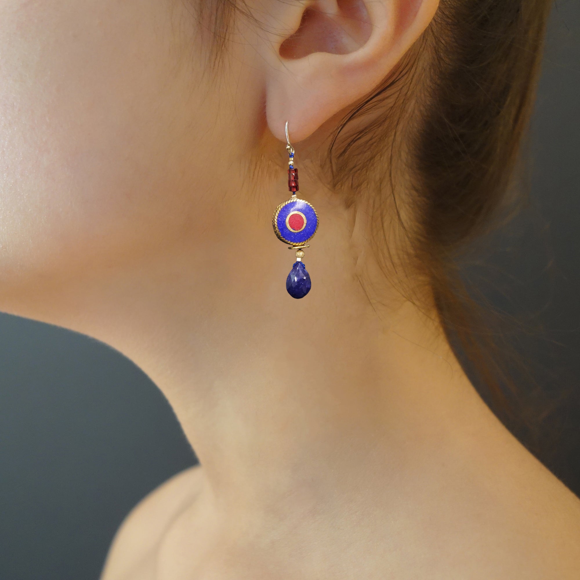 Land that I Love: blue sapphire, garnet earrings