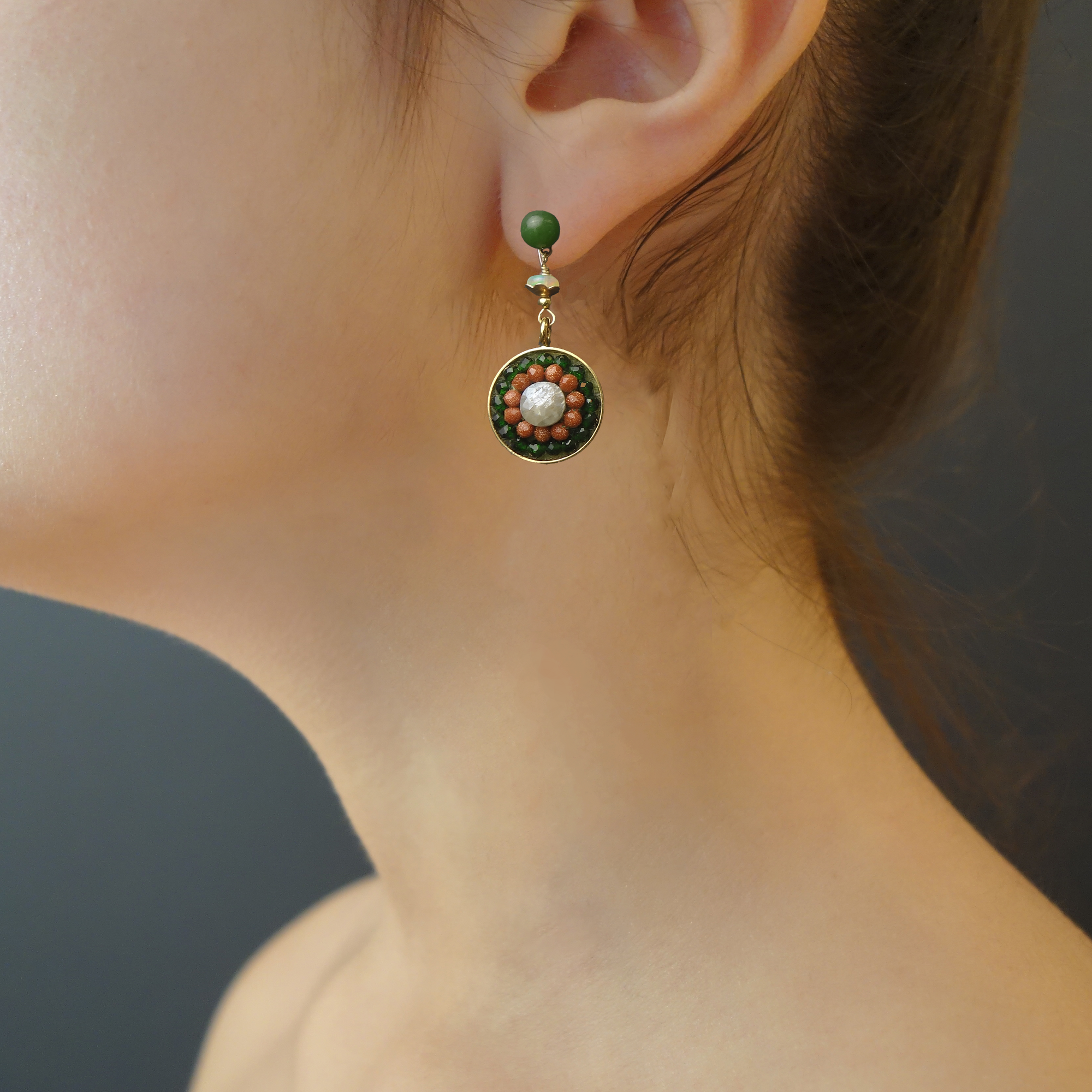 Autumn Equinox earrings: jade, opal + sunstone mosaics - Sophia