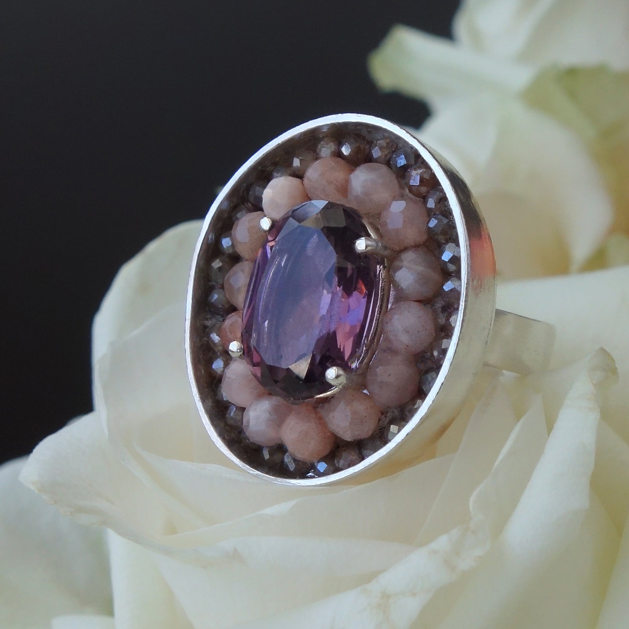 Amethyst, Coral, and Labradorite mosaic ring