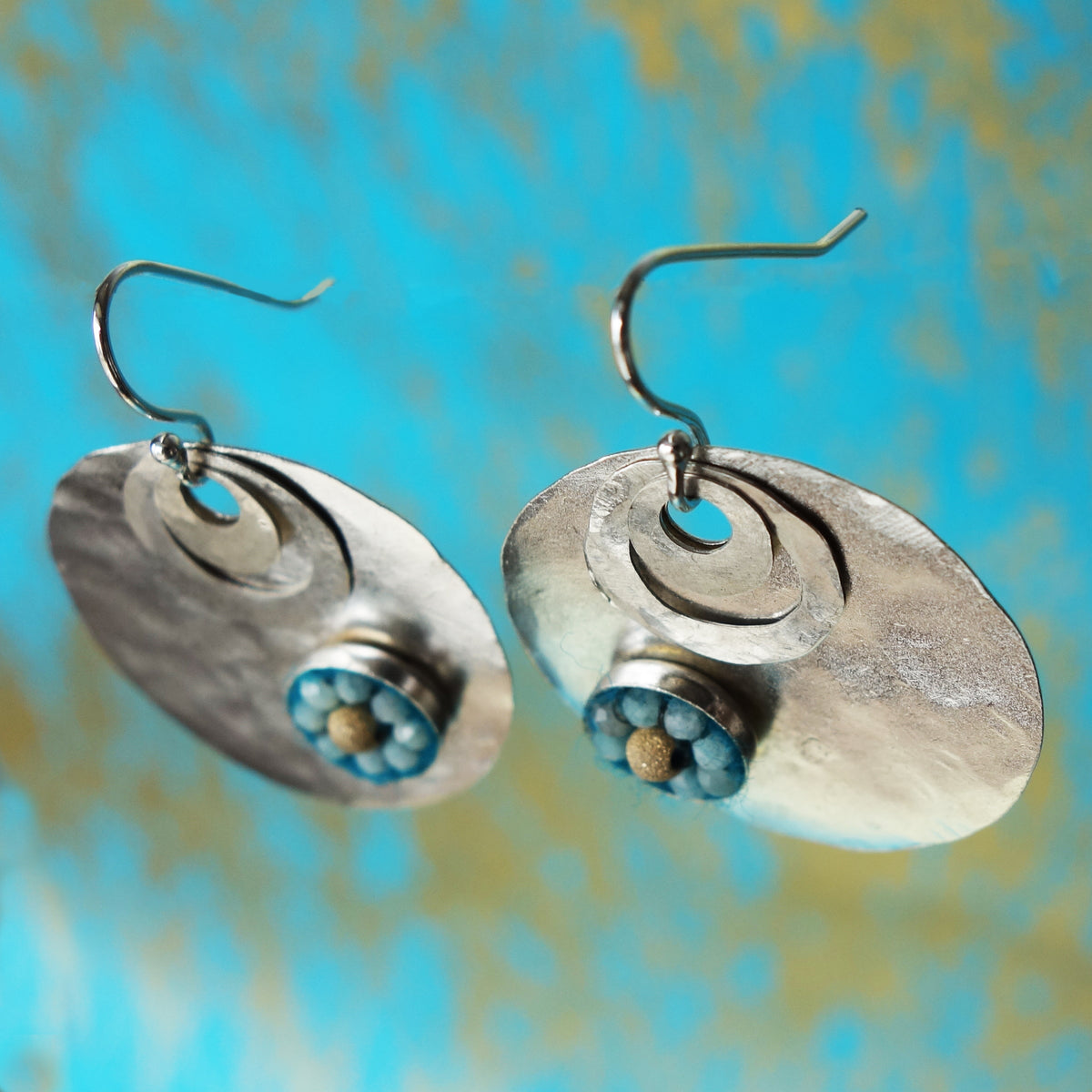 Aquamarine and Gold on Hand Hammered Silver Earring