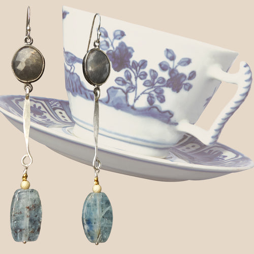 She's Got Plans: moonstone and kyanite hammered silver earrings