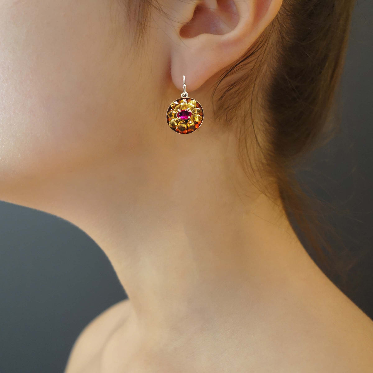 Joyful: ruby, citrine, carnelian mosaic earring