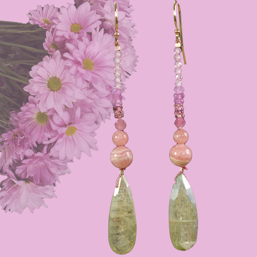 Listen to the Rain: kyanite, rhodocrosite, sapphire earring